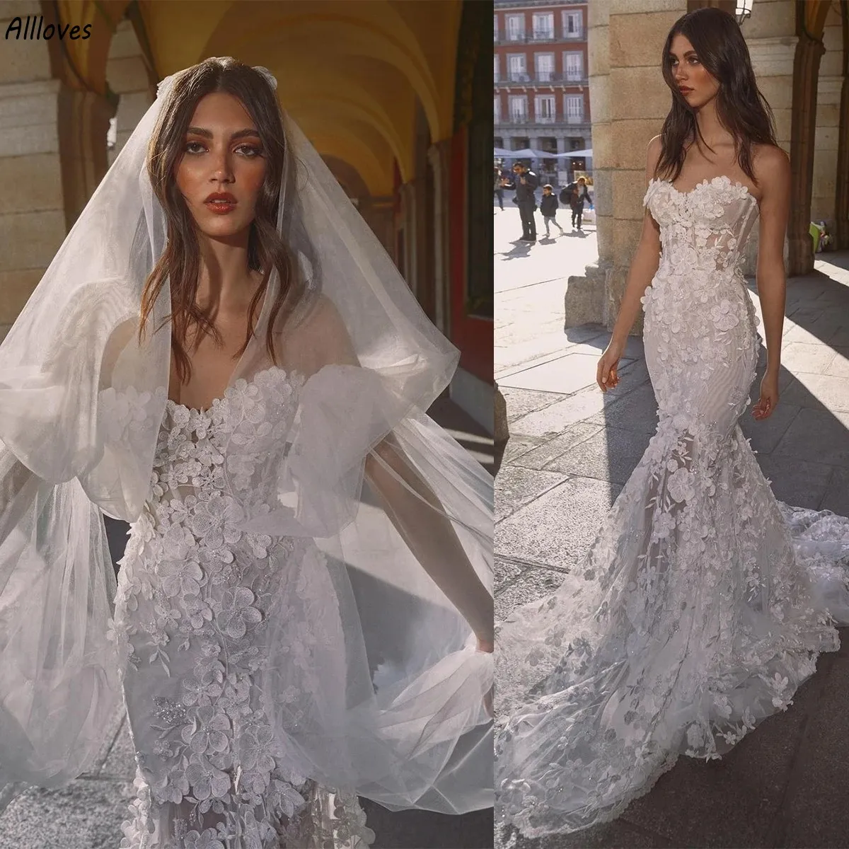 Hermosas flores en 3D, vestidos de novia de sirena, escote corazón sexy, sin mangas, encaje floral, vestidos de fiesta de recepción de novia, tren largo acampanado, trompeta, vestido de novia, batas CL2946