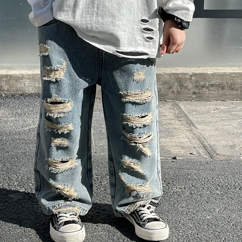 Childrens Jeans Boys Ripped Pants Loose Fit From Kong06, $19.35