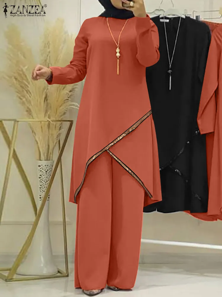 エスニック服ザンゼアファッションアーバントラックスーツイスラム教徒の女性長袖ブラウススーツスパンコールイスラム服ゆるいマッチセット2PCS 230417