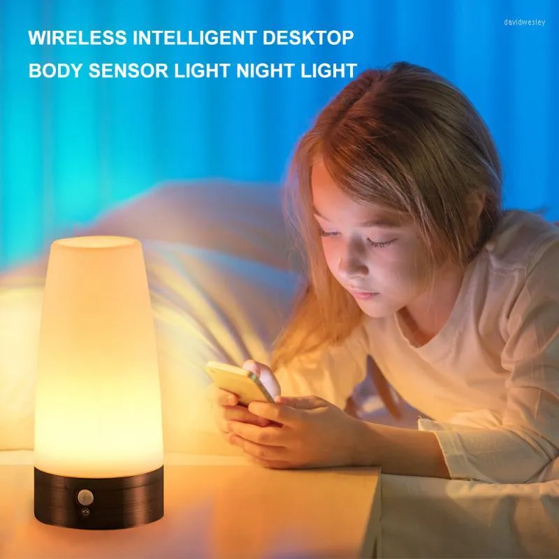 Bordslampor smart rörelse sensor led nattljus hem liten lampa med trådlöst batteri som drivs för sovrumshallen