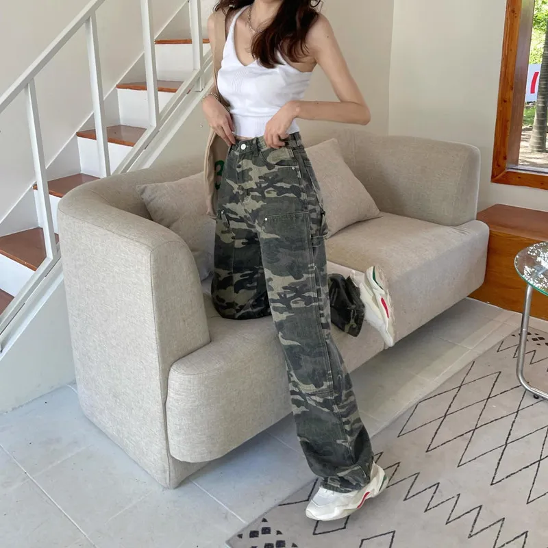 Women's Jeans Streetwear Camouflage Jeans Woman High Waist Trend Trousers Korean Fashion Cargo Pants ArmyGreen Y2k Straight Baggy Jeans 230417