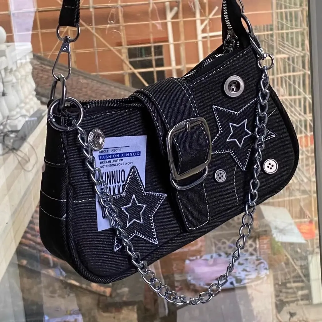 Sacos de noite Y2K Vintage Coreano Casual Bonito Estrela Branca Ombro Underarm Tote Bag Senhoras Sling Bags Canvas Zip Bolsas Bagutte Bolsas Mulheres 231118