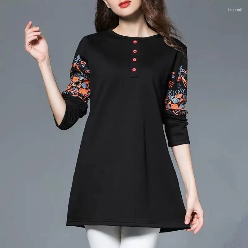 Women's Blouses Tunics vrouwen blouse plus size etnische print lang shirt o nek losse casual dames tops kleding mouw veer herfst