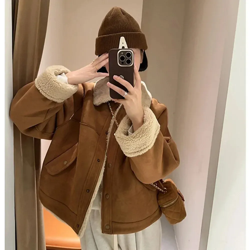 Womens Jackets Casual Sherpa Thick Warm Faux Shearling Cropped Coat Vintage Long Sleeve Front Pocket Female Outerwear Chic Tops 231118
