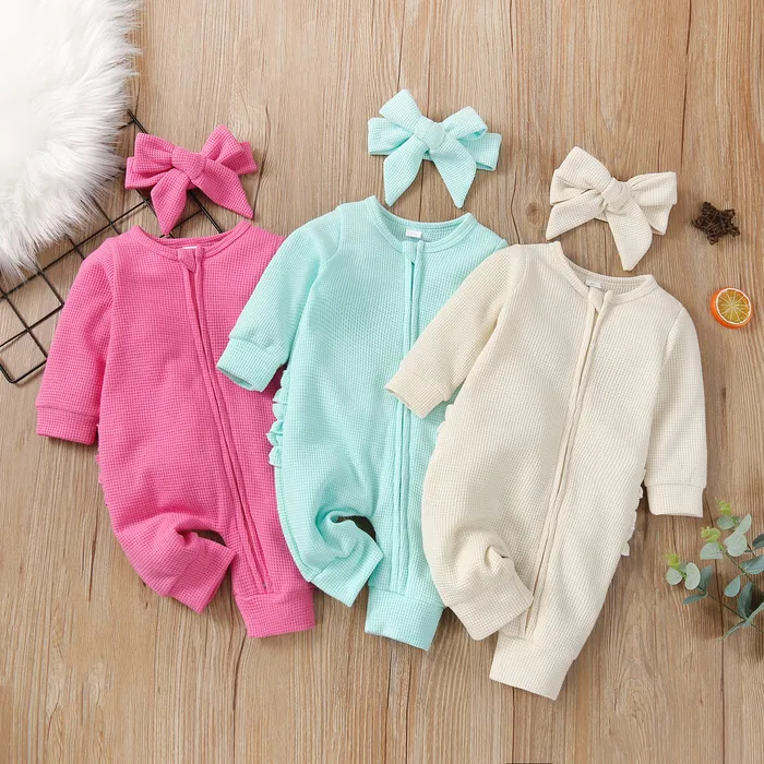 Rompers Citgeett Autumn Solid Infant Baby Dziewczęta chłopcy Romper Romper Bow Bow Sweet Style Ruffle Princess Spring Costume Suit 230418