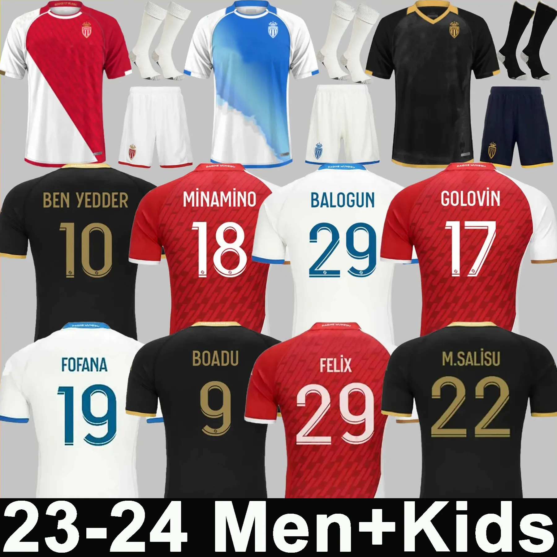 2023 2024 في Monaco Black Away Ben Yedder Soccer Jerseys Minamino Boadu Golovin 23 24 Maillot de Foot Balogun Embolo Flocage Men Kids Fofana Footbool Shirt Akliouche