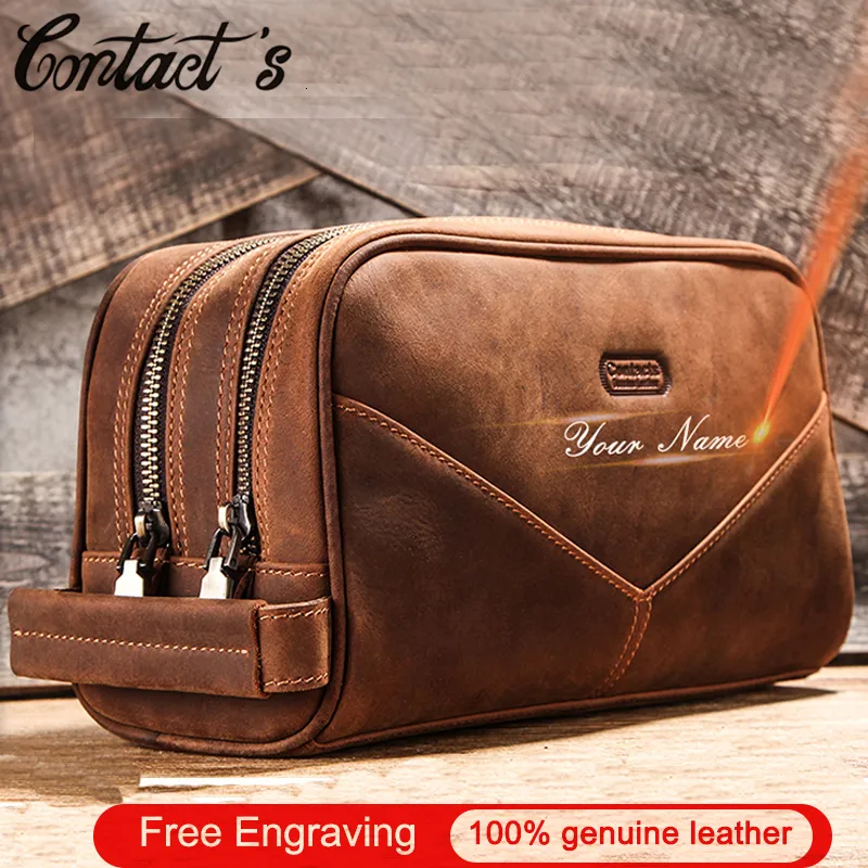 Cosmetic Bags Cases Crazy Horse Genuine Leather Travel Makeup Bag Men's Vintage Leather Cosmetic Cases Luxury Brand Washing Storage Toiletry Bags 230418