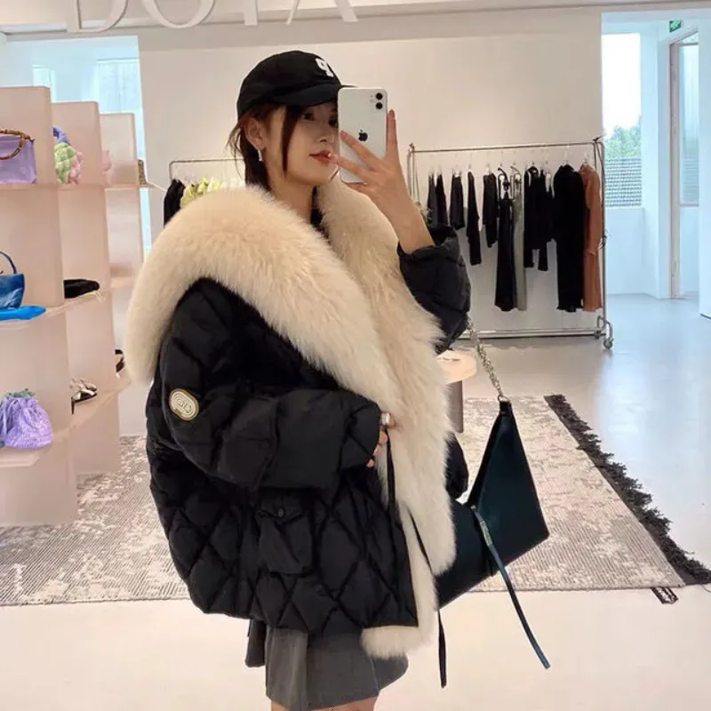 Womens Jackets Winter Grand Luxury Artificial Fox Fur Collar Coat Fluffy Parka Chiffon Windproof 231118