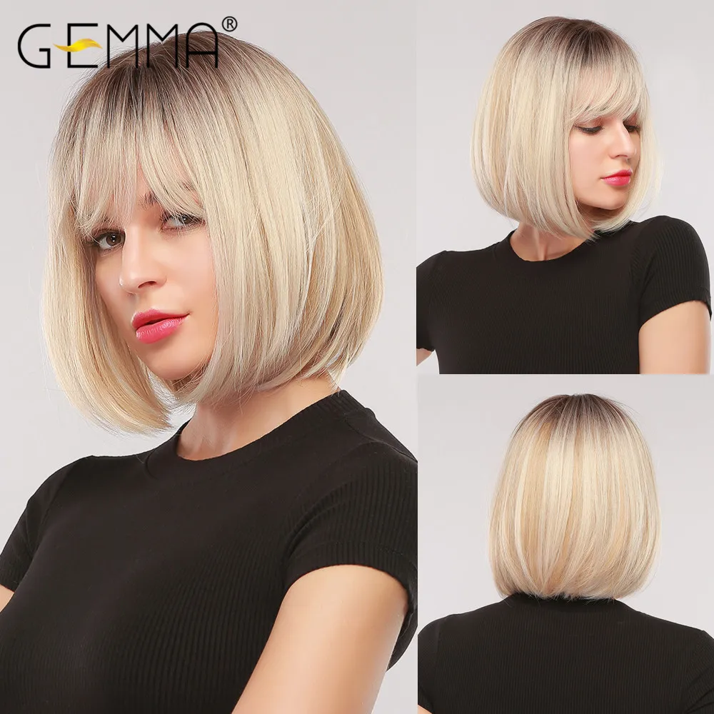 Synthetic Wigs GEMMA Short Straight Bob with Bangs for Women Afro Ombre Black Brown Yellow Blonde Cosplay Party Daily Hair 230417