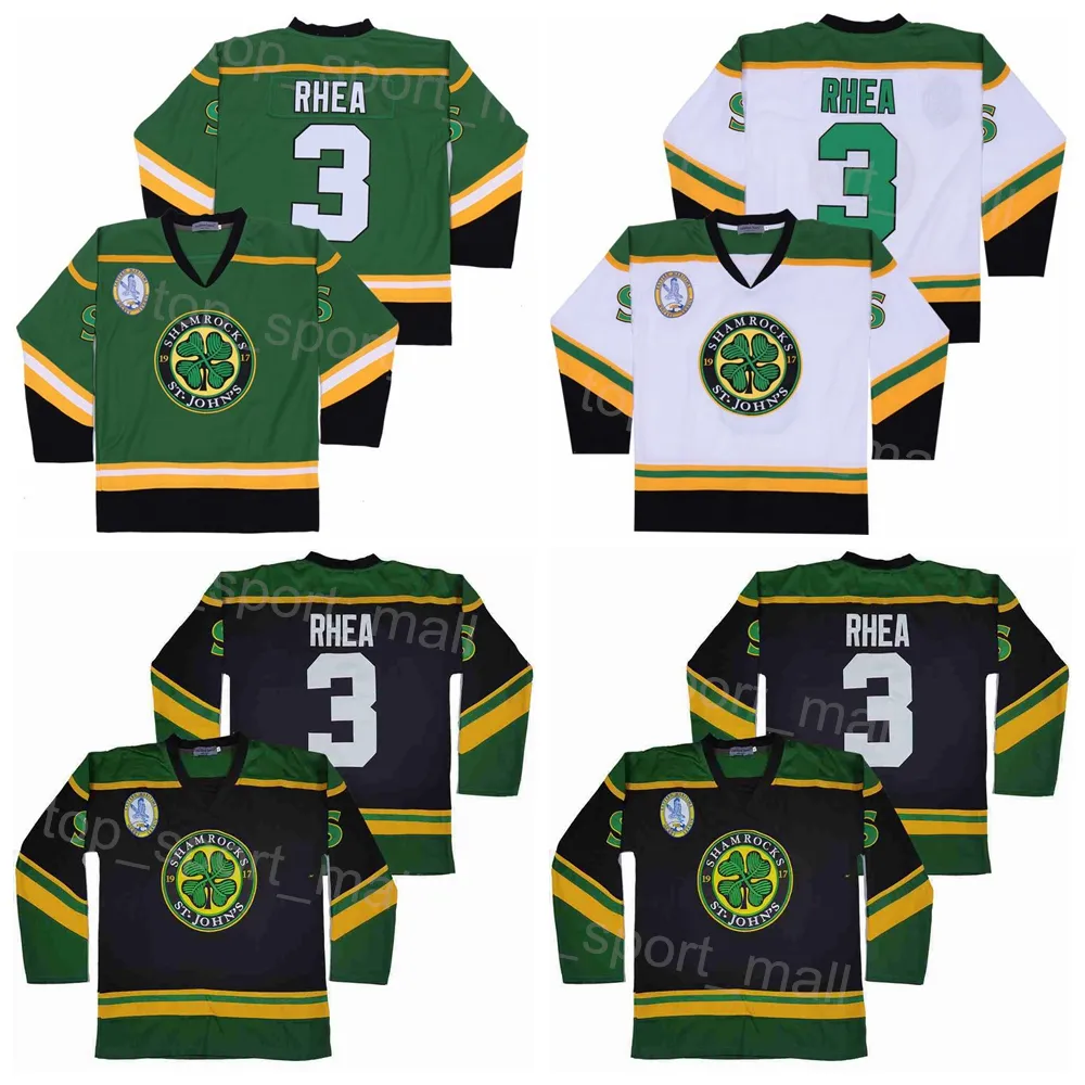 College Hockey Ross The Boss Rhea Jersey 3 St Johns Shamrocks 그린 흑백 팀 색상 자수 및 재봉 가능한 대학교 스포츠 팬을위한 빈티지