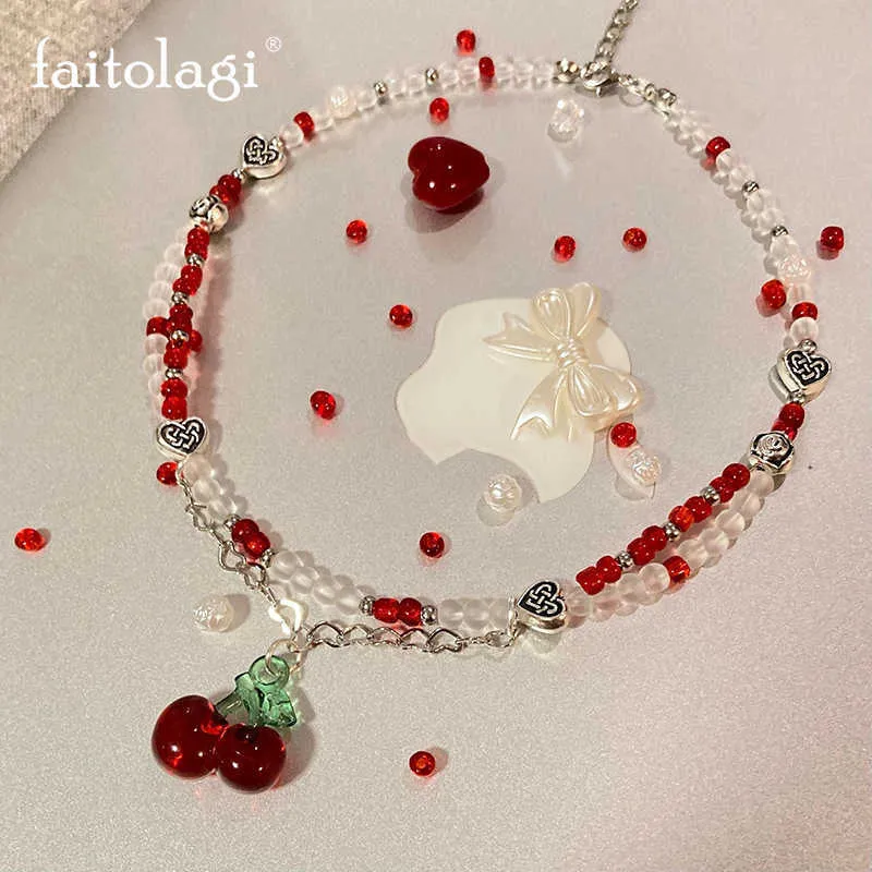 Pendant Necklaces Y2K Red Cherry Heart Beaded Choker Necklace Women Boho Beads Cherry Pendant Necklaces Vintage Irregular Egirl Necklace Jewelry Z0417