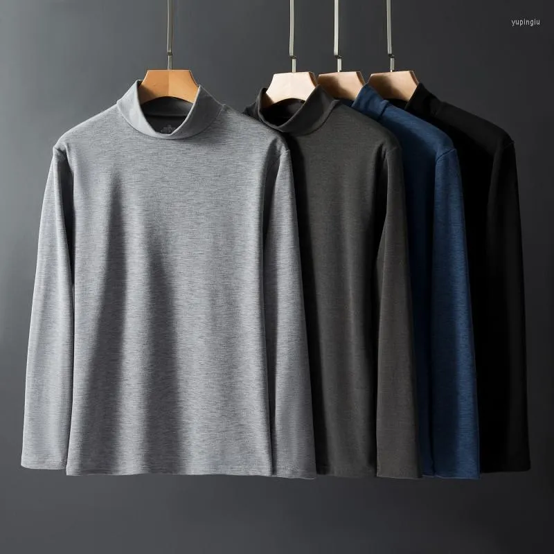 Herr t-skjortor herr t-shirt höst vinter termisk varm halvturtleneck solid fit manlig långärmad smal basic tee topp