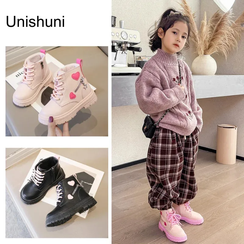 Boots Unishuni Autumn Winter for Girls Pink Ankle Boot Children Fleece Lined LaceUp Casual Shoes Kids PU Leather Rubber Bootie 231117