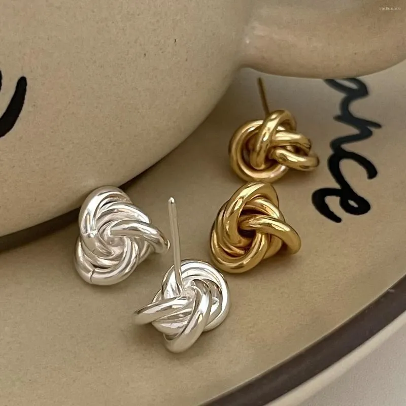 Studörhängen REAL 925 Sterling Silver For Women String Knot Round Gold Earings Ear Piercing Anti Allergy Korean Stylish Fine Smycken