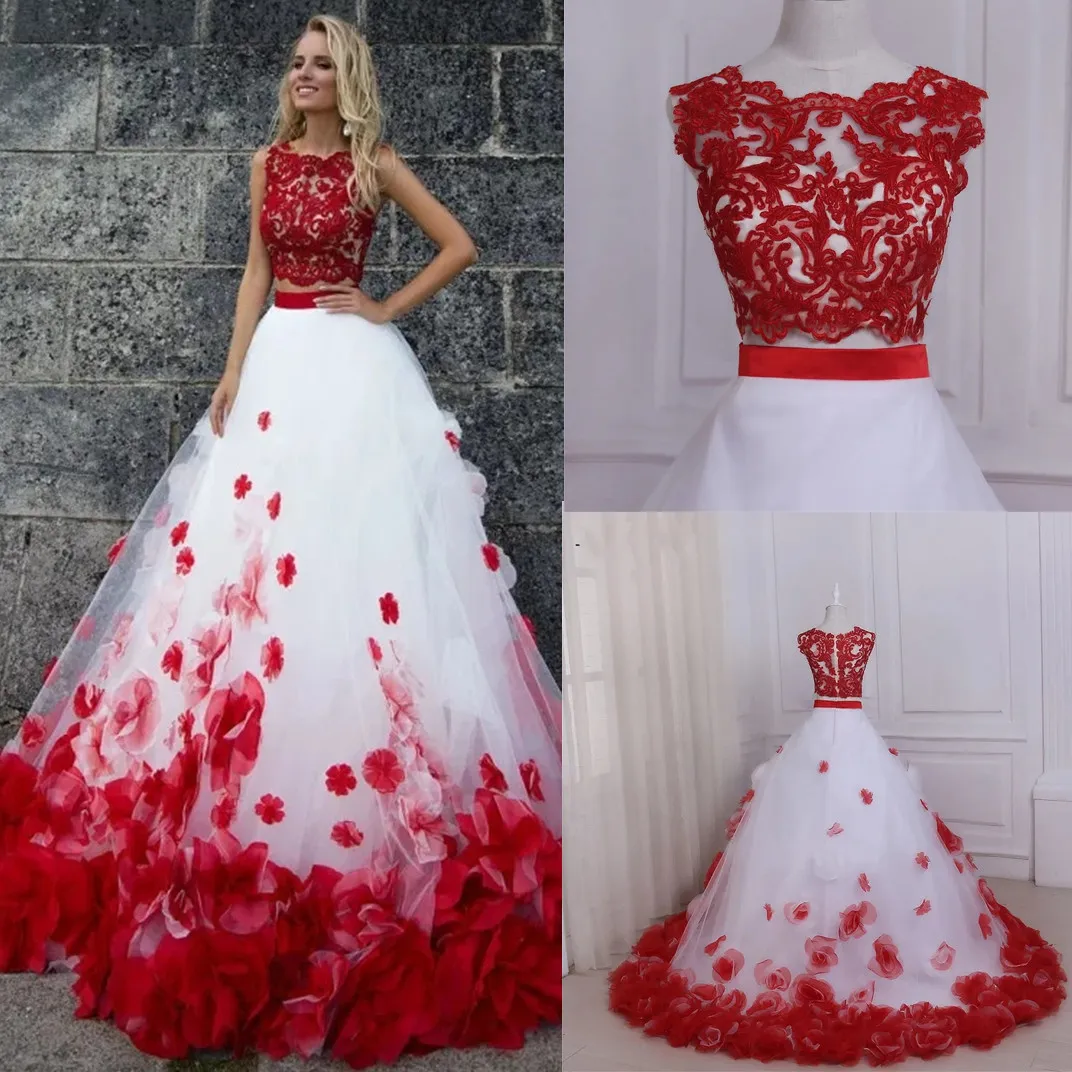 and White Red Ball Gown Prom Dresses Two Pieces New Cheap Jewel Neck Lace Applique 3D Floral Flowers Tulle Long Evening Formal Dress