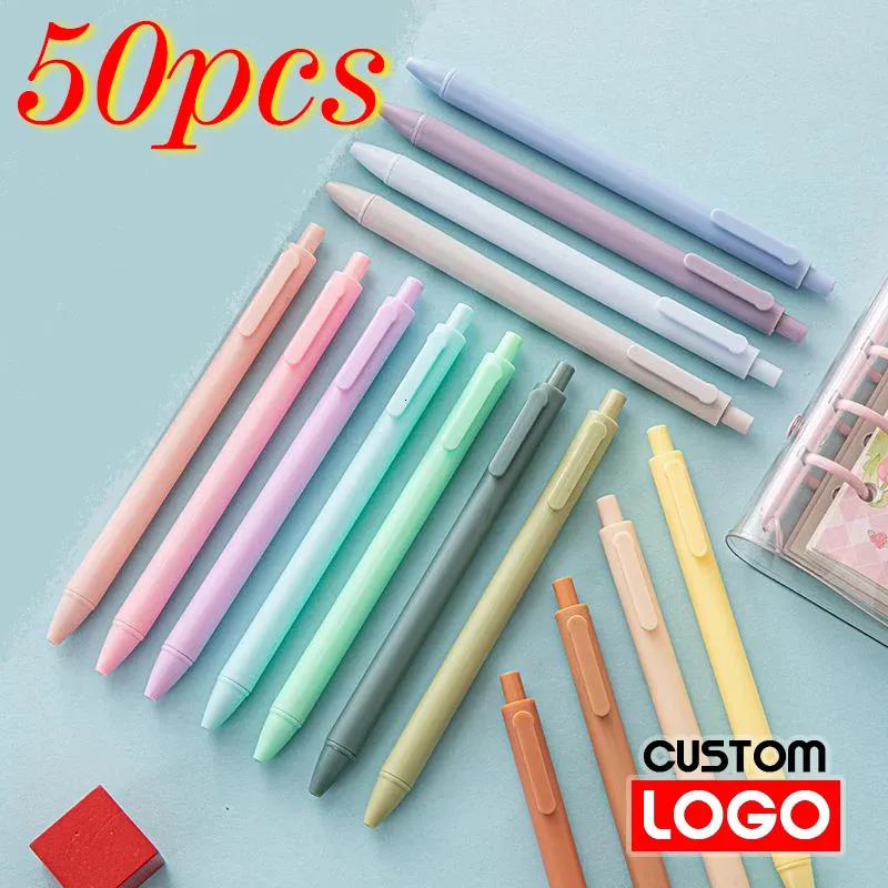 Canetas de gel 50pcs cor sólida caneta de gel personalizada push-type estudante exame sinal caneta escola papelaria material de escritório letras gravadas nome 231117