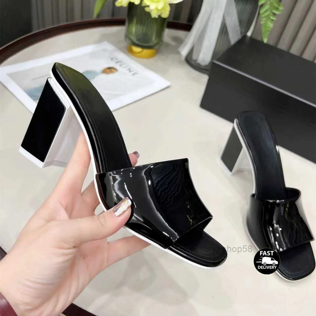 Designer Women's High Heel Slippers Sexy Chunky Heel Leather Party Fashion Summer Jelly Sandals 8.5 4.5 cm Size 35-43