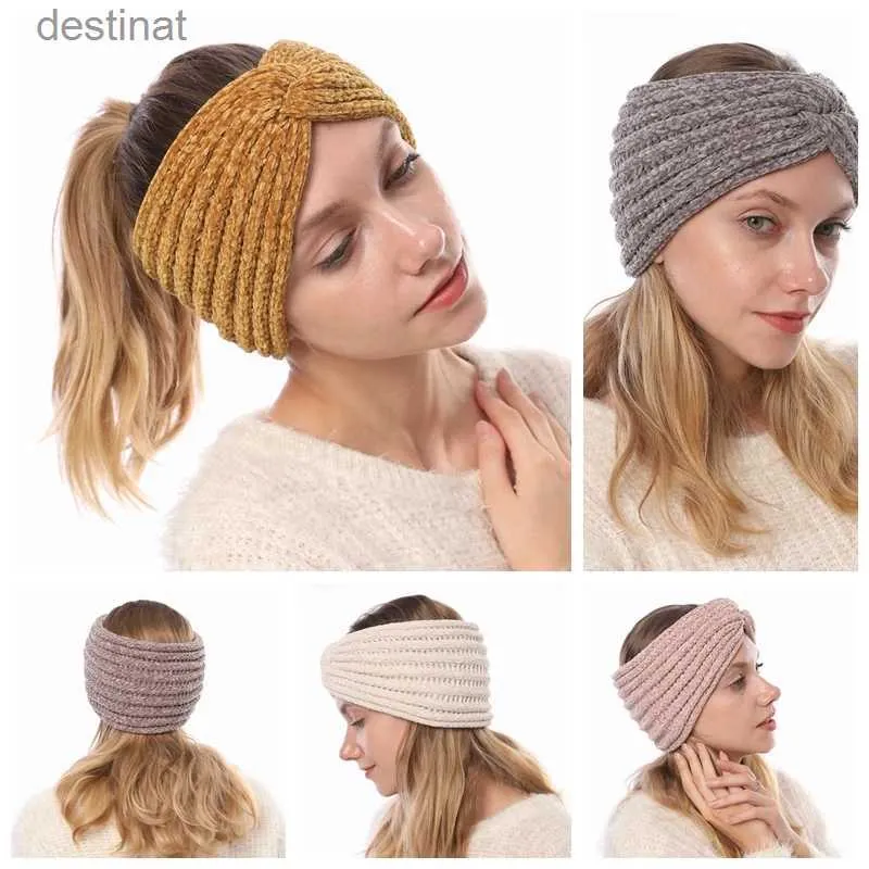 Headbands Autumn Winter Ponytail Headband Women Stretch Knit Warm Turban Hair Band Fashion Lady Hair AccessoriesL231118