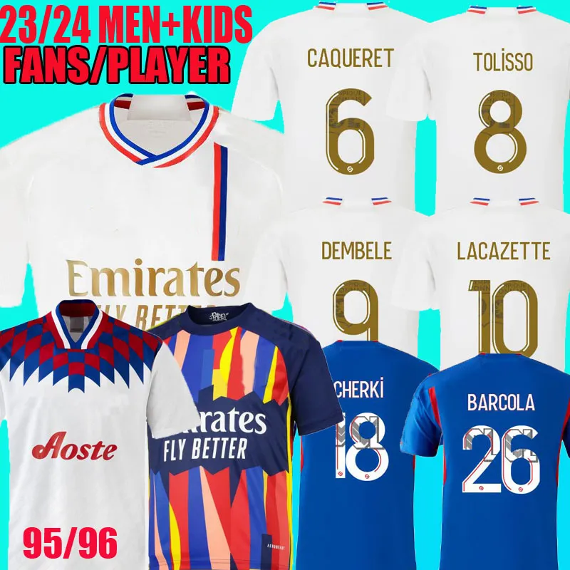 23 24 Maillot de Foot LACAZETTE Camisas de futebol 95 96 Away terceiro CAQUERET OL AOUAR camisas de futebol DEMBELE 2023 2024 CHERKI BARCOLA homem crianças kits lyon home FÃS JOGADOR