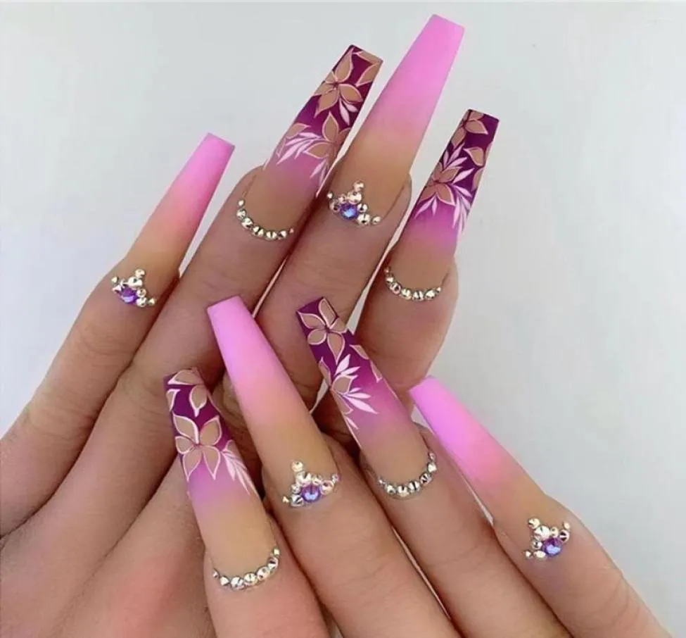 Faux ongles 24pcsbox dégradé violet ballerine avec fleur design cercueil faux ongles patchs presse sur strass conseils 2703766