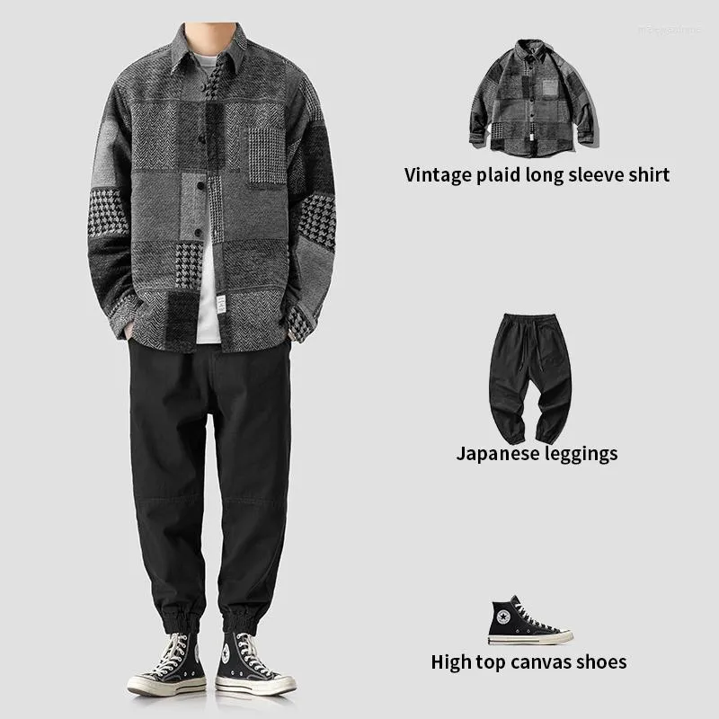 Herrespår mode original för män kläder höst och vinter japansk rutig borstad skjorta lös förtjockad varm långärmad