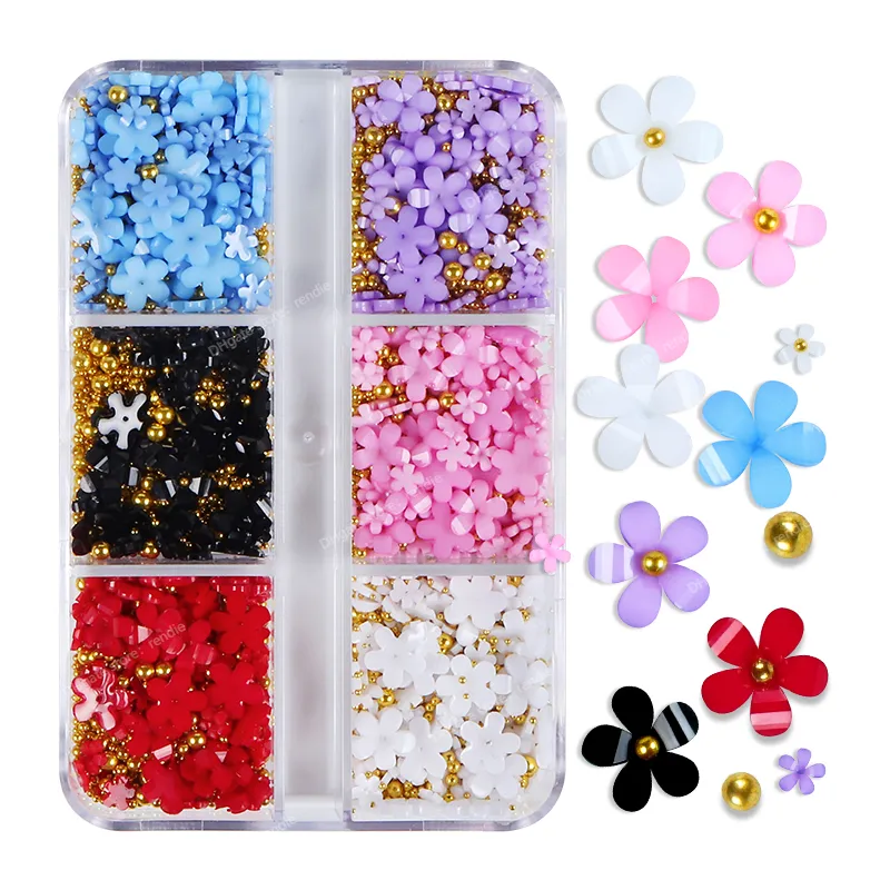 6 Grids White Acrylic Flower Nail Art Decoration Mixed Size Rhinestones Gold Silver Steel Ball Nails Charms Tool Accessories Nail ArtRhinestones Decorations