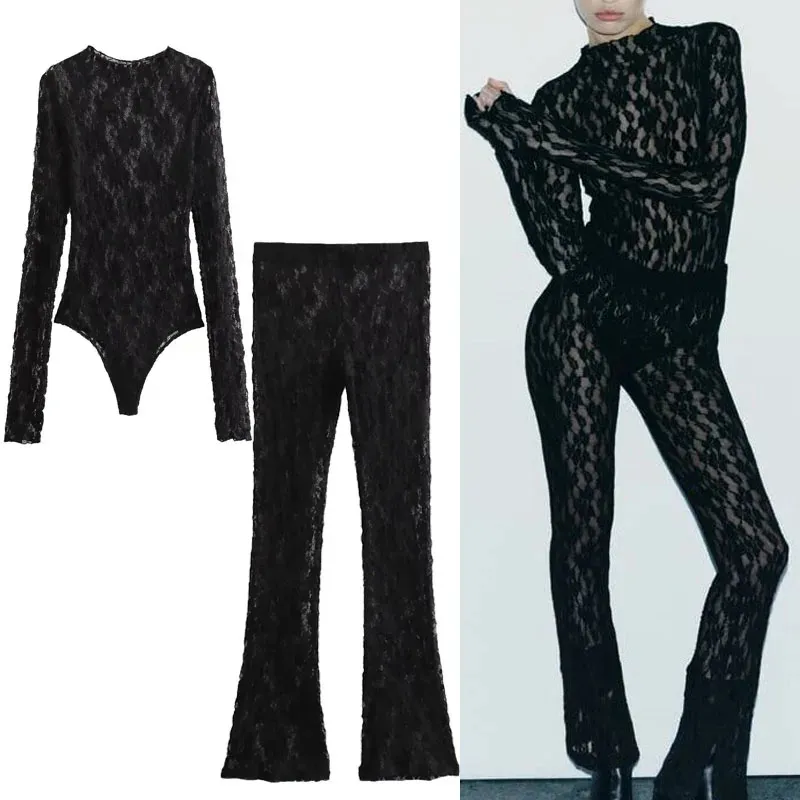 Women's Pants s TRAF Womens Slit Lace Leggings Black High Waist Elastic Sexy Semi sheer Horn Leggings Lace Bodysuits 2023 Autumn Set 231118