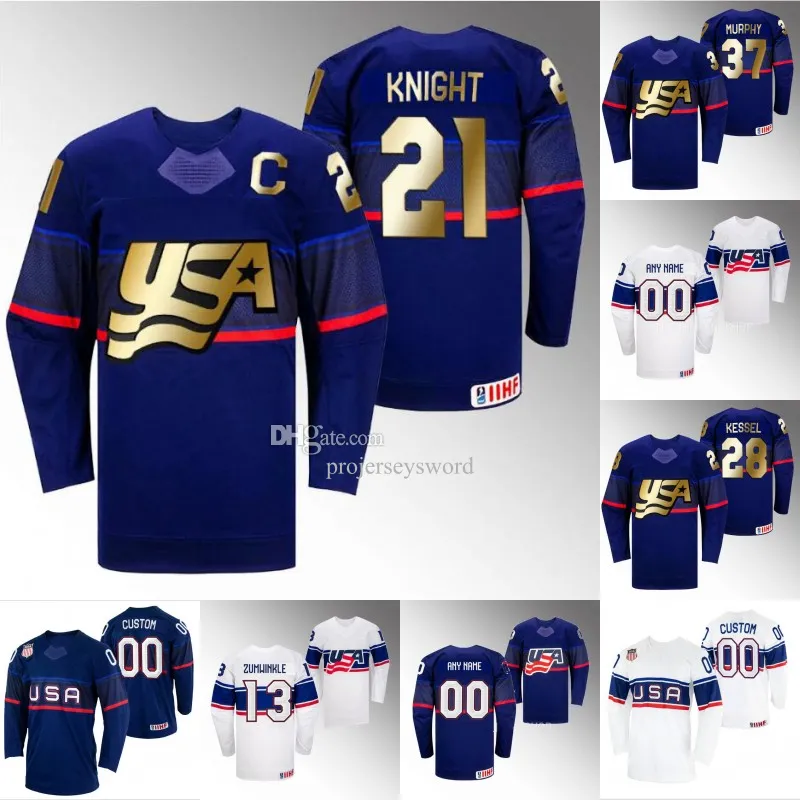 USA Hockey 2023 IIHF World Champions Jersey Navy Golden Hilary Knight Amanda Kessel Abbey Murphy Grace Zumwinkle Hannah Brandt Hannah Bilka Cayla Barnes Jersey