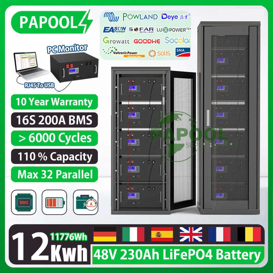 LIFEPO4 48V 230AH 200AH 100AH ​​PACK 51.2V 12KW 10KW 6000 CYCLE MAX 32 Parallel PC MONITION BATTERTY مع CAN RS485