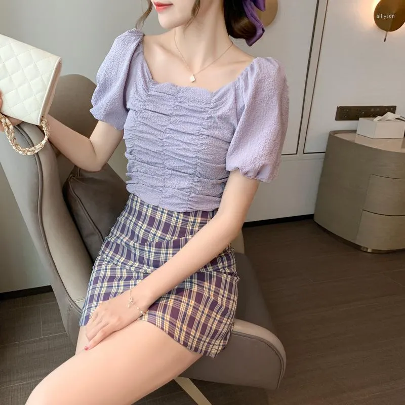 Dames blouses dames vierkante nek puff piezer mouw chiffon shirt rimpel gerimpelen crop top 2023 Korean Harajuku paarse mode -tops