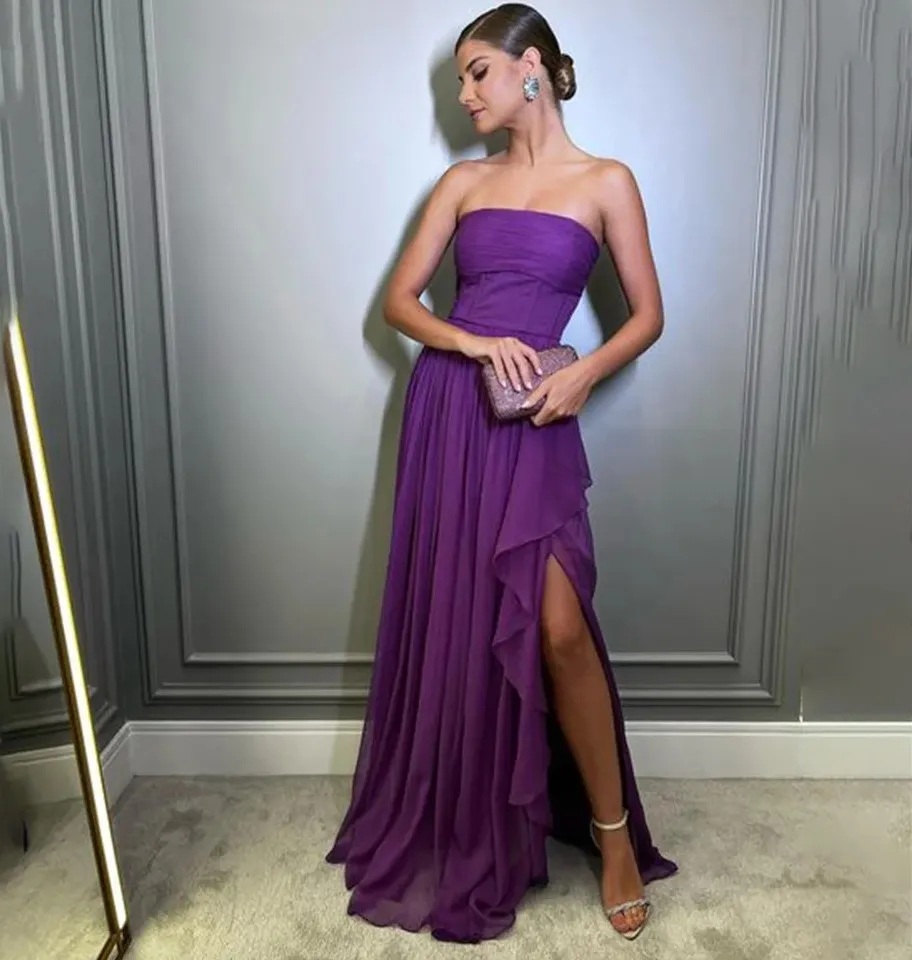 2024 Sexy Grape Beach Robe de soirée sans bretelles sans manches en mousseline de soie plis limon balayage train femmes bal formelle robes de soirée Robe de soirée