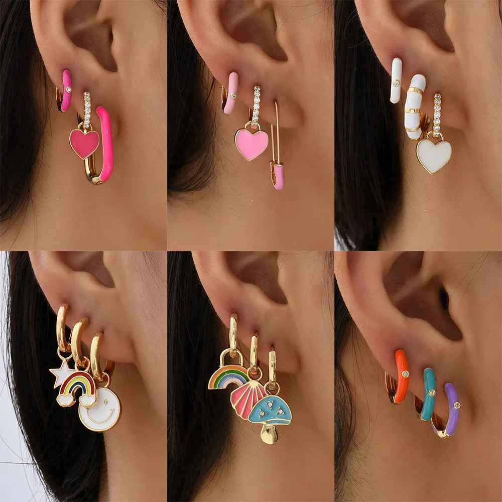 Stud Boho Multicolor Round Piercing Huggie Earrings Set for Women Girls Cute Heart Star Pendant Hoop Earring Jewelry 231118