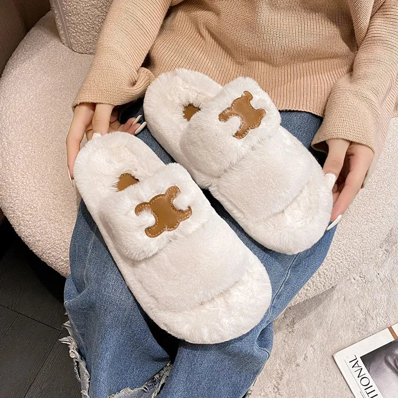 Slippers 2023 Autumn New Winter Sable Hair Rabbit Hair Sheep Wool Women Wear Thick Sole Flat Shoes with Ski Scissors 231118