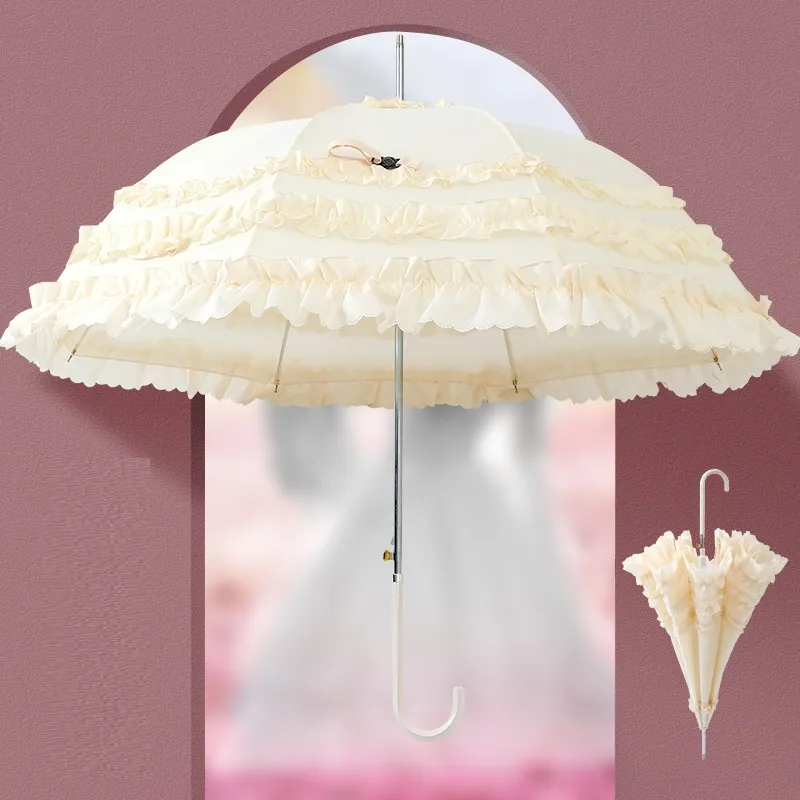 4pcs Женщины Ruffle Stke Umbrella Cosplay Lolita Princess Umbrella Sunshade Retro Parsol Bride Wedding Layer Кружевый зонтик D23-75