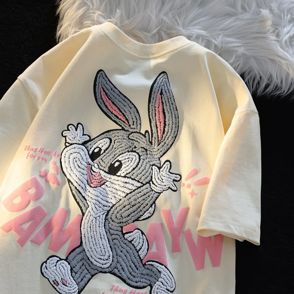 T-shirt Femme Vintage Run Rabbit Mignon Dessin Animé T-shirt Streetwear Couples Surdimensionné Lâche Été Coton Tops Harajuku Étudiants Kawaii Vêtements 230418