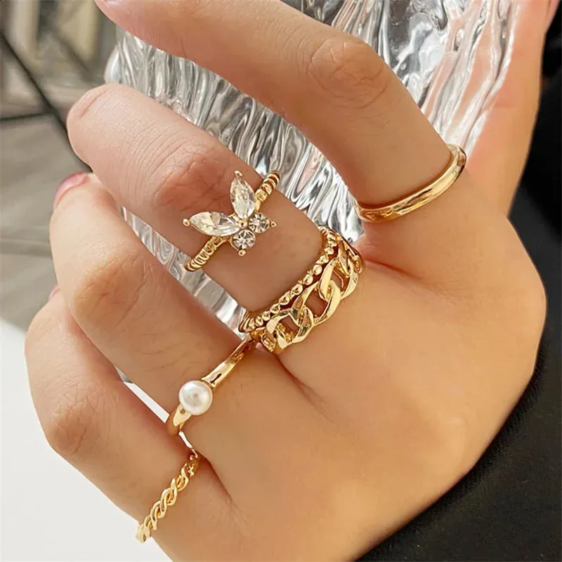 Band Ringen 5 Stuks 10 Stuks Imitatie Parel Blad Bloem Set Voor Vrouwen Vlinder Vinger Ring Metalen Knuckle Sieraden 231118