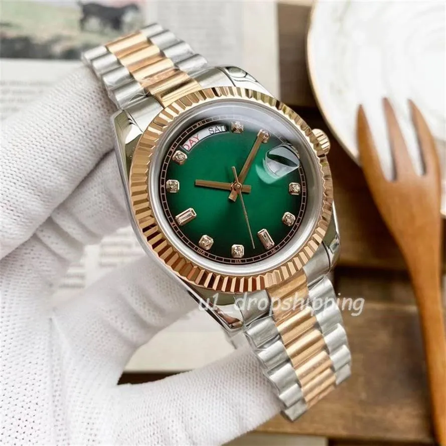 Drop - Mens Automatyczne zegarek mechaniczny 41 mm Zielone tarcze zegarki Sliver Rose Gold Bransoletka ze stali nierdzewnej z stałym fletem234k