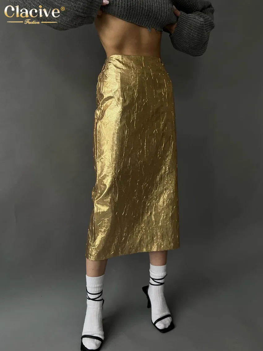 Rokken clacive mode slanke gouden damesrok elegant chic high taille midi rokken streetwear vintage faldas rok vrouwelijke kleding 230417