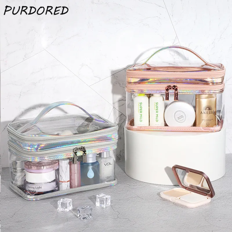 Kosmetiska väskor fall PUNDORED 1 PC 2 Lager Clear Makeup Bag For Women Waterproof PVC Cosmetic Bag Travel Makeup Organizer Beauty Case Toalettety Kit 230418