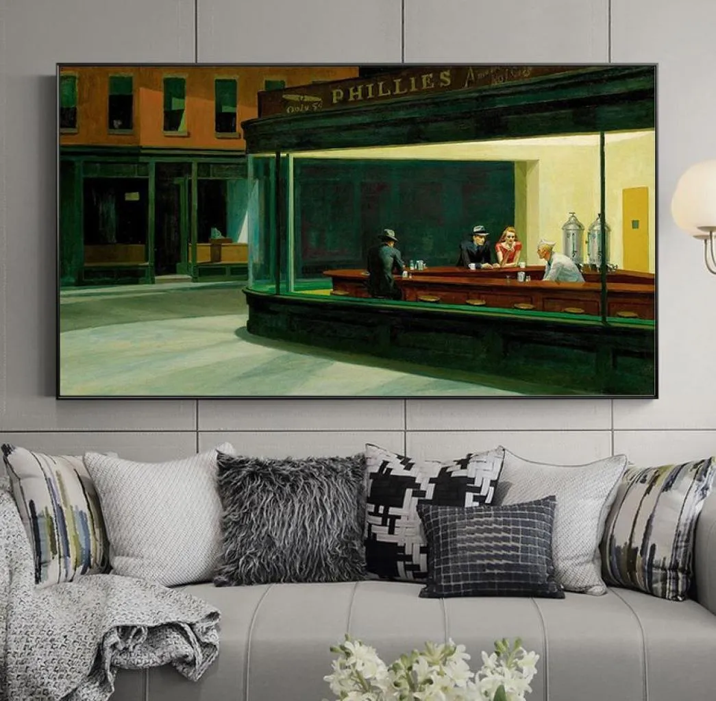 Pintura famosa de Edward Hopper Nighthawks, pintura en lienzo, carteles e impresiones, arte de pared para sala de estar, decoración del hogar, sin marco 3525661
