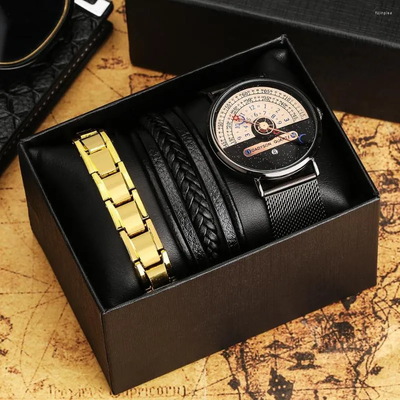 Нарученные часы Оригинальные подарки Смотреть для мужчин модная кварцевая звездная луна с календаря мужской роскошный золотой браслет Практический день рождения