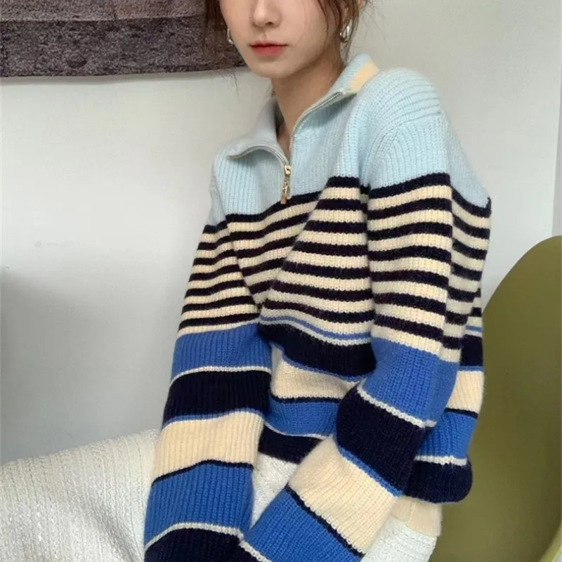 Sweater Lapel Half Zipper Stripe Colored Slouchy Style New Autumn/Winter Casual Vintage Pullover Knit Top Women