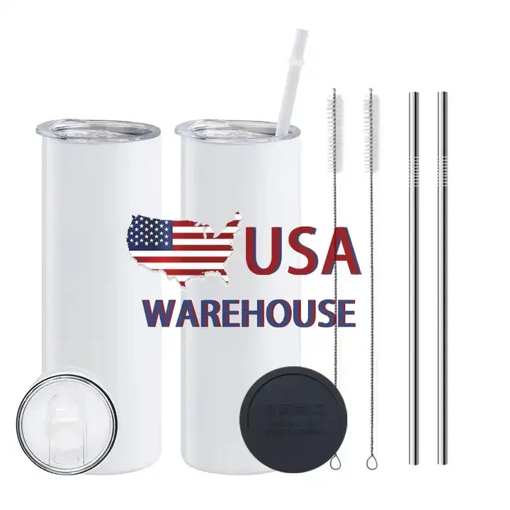 USA Stock 20oz Blancs Blanc Sublimation Tasses En Acier Inoxydable Bouteille D'eau Gobelets Avec Paille En Plastique Et Couvercle tt0418