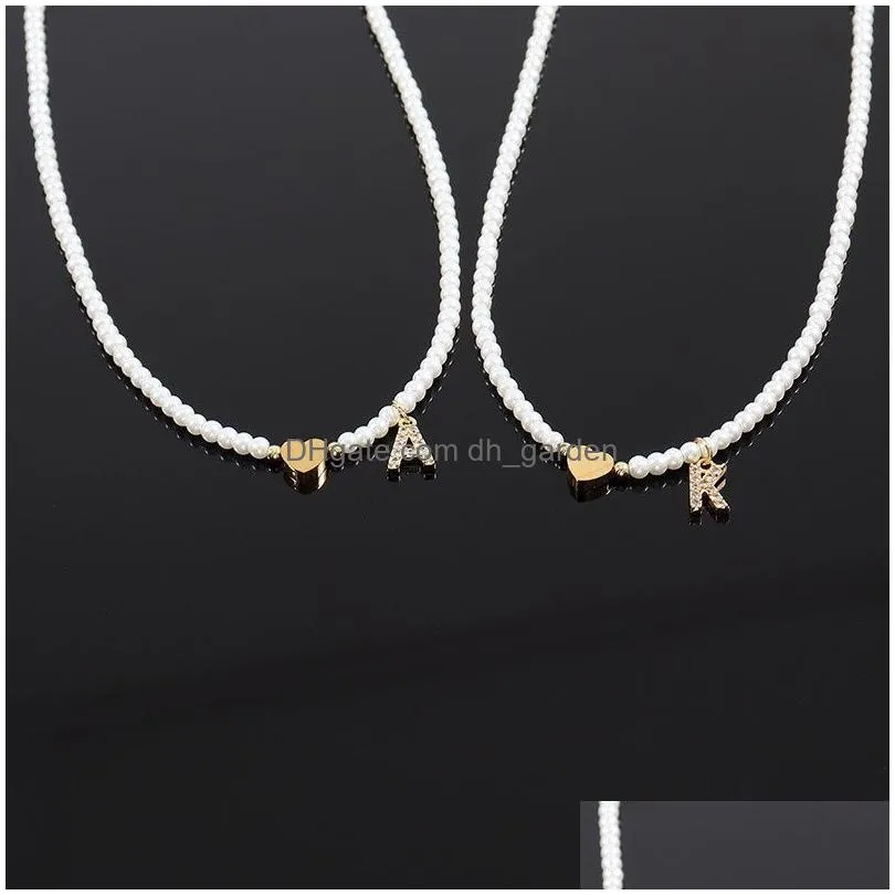 Pendant Necklaces Fashion Initial Letter Heart Pendant Necklace Women Simple M Imitation Pearl Bead Necklaces For Jewelry Gi Dhgarden Ot724