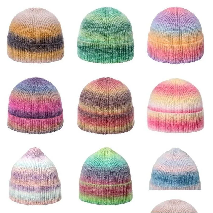 Bonnet / Crâne Caps Beaucoup de couleurs Tie Dye Bonnets tricotés Femmes Automne Hiver Épais Chapeau Chaud Chapeaux Arc-En-Ciel Fille Casquette Extérieure Livraison Directe Dhygn