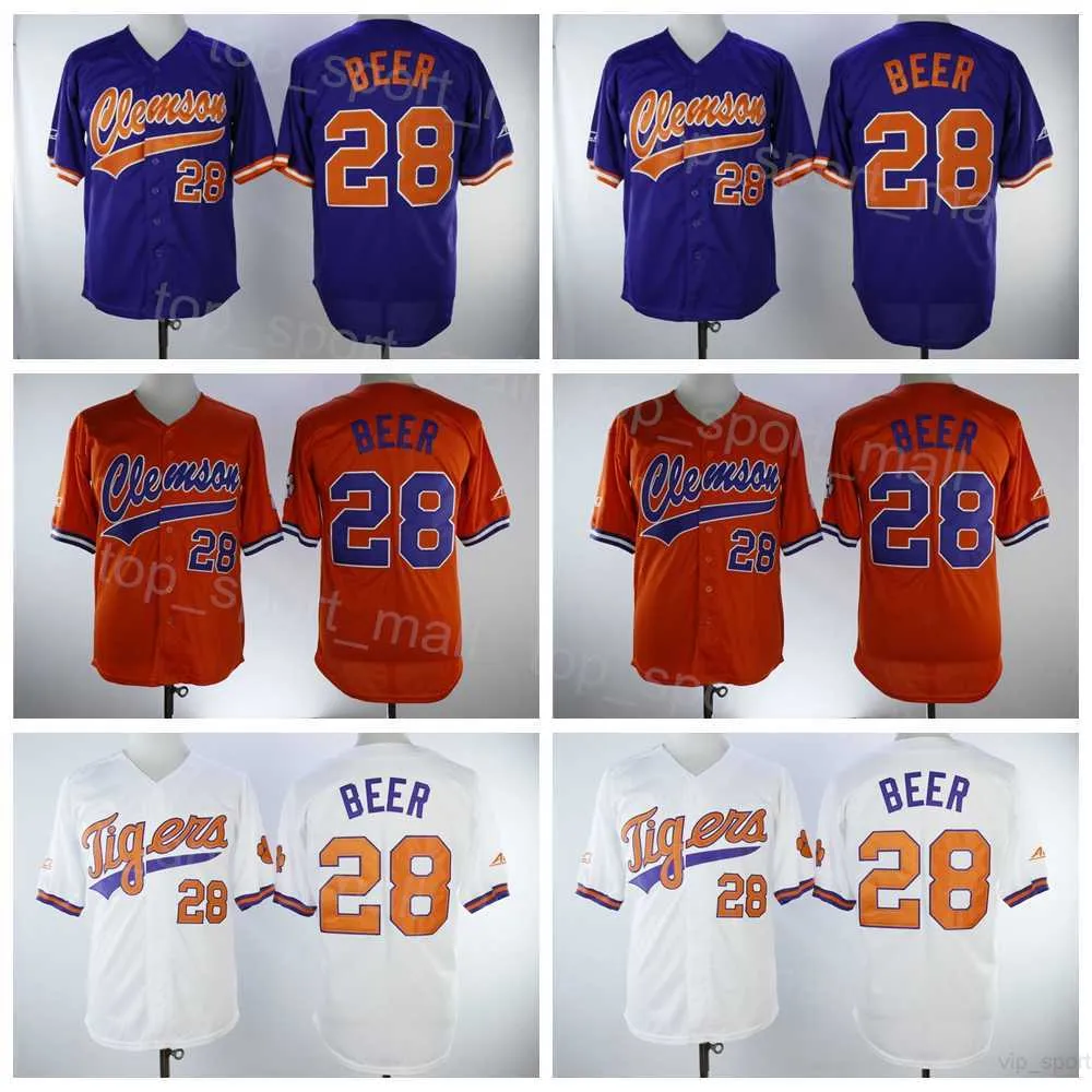 Clemson Tigers College Baseball 28 Seth Beer Jerseys Men Team Color Purple Orange White Asservery and Sewing Cooperstown Vintage Cool Base Cotton Pure Cotton