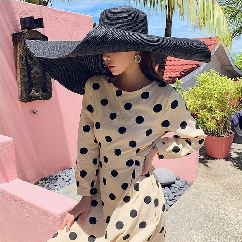 70cm Oversized Wide Brim Sun Hat Travel Large UV Protection Beach Straw Hats Women's Summer Floppy Foldable Chapeaux