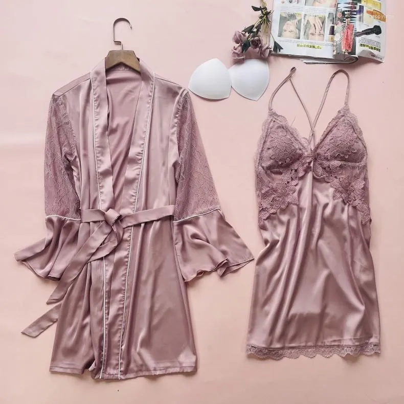 Vêtements de nuit pour femmes manches évasées Kimono Robe ensemble vêtements de nuit Sexy court Satin peignoir Robe décontracté intime Lingerie