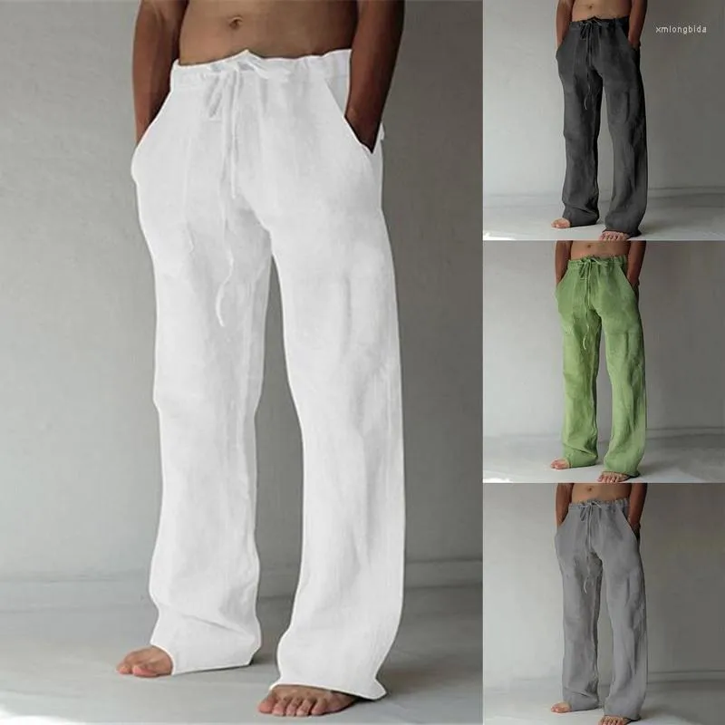 Men's Pants 2023 Men's Casual Daily Wear Solid Summer Full Length Soft Linen Mid Waist Pocket Drawstring Trousers Streetwear