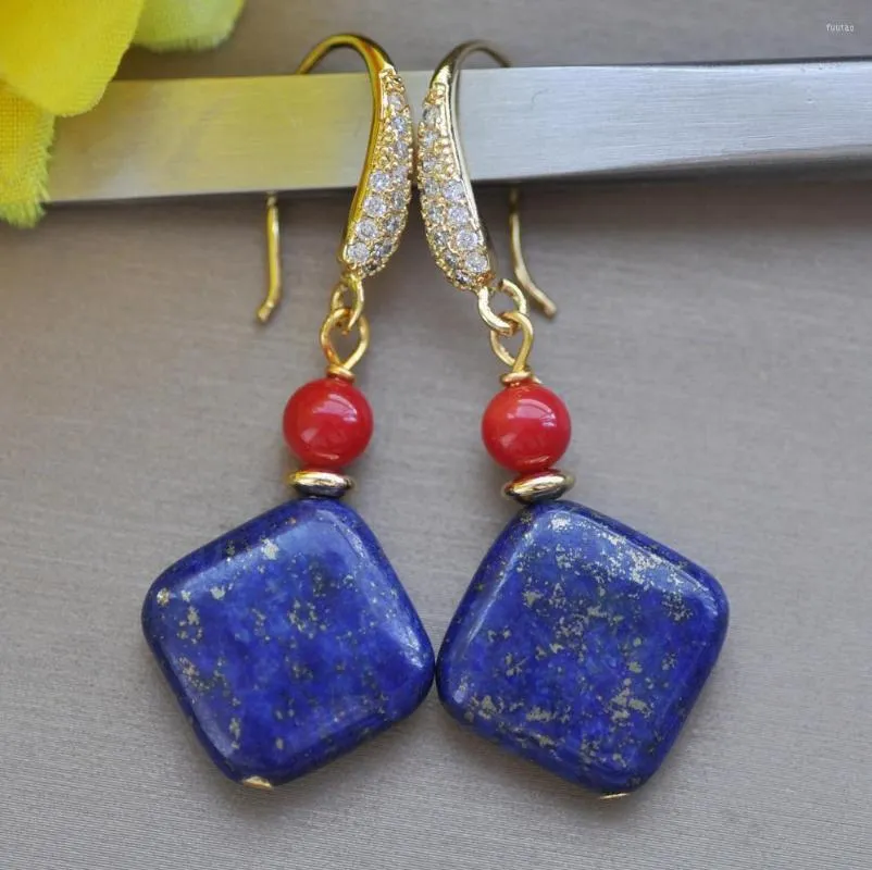 Kolczyki Dangle Z10224 16 mm Natural Square Blue Lapis Lazuli Red Coral Carring CZ